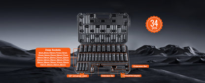 1/2" 3/8" Drive Impact Socket Set 23/33/34/48/65 PCs