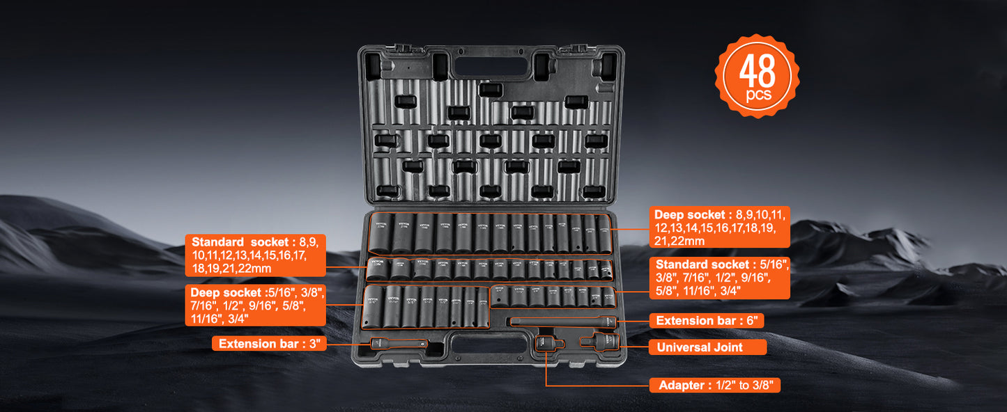 1/2" 3/8" Drive Impact Socket Set 23/33/34/48/65 PCs