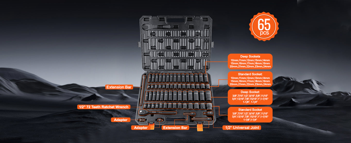 1/2" 3/8" Drive Impact Socket Set 23/33/34/48/65 PCs