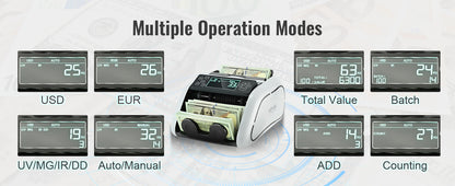 1000 Pcs/Min Money Counter Counterfeit Bill Detector by UV/MG/IR/DD Function