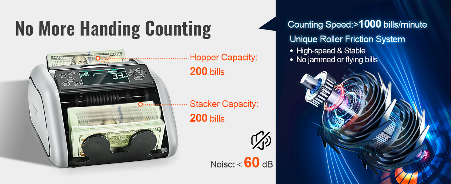 1000 Pcs/Min Money Counter Counterfeit Bill Detector by UV/MG/IR/DD Function